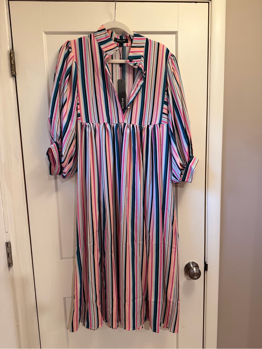 Beulah Style NWT Multicolor Striped Midi Maxi Dress Size L Statement Collar
